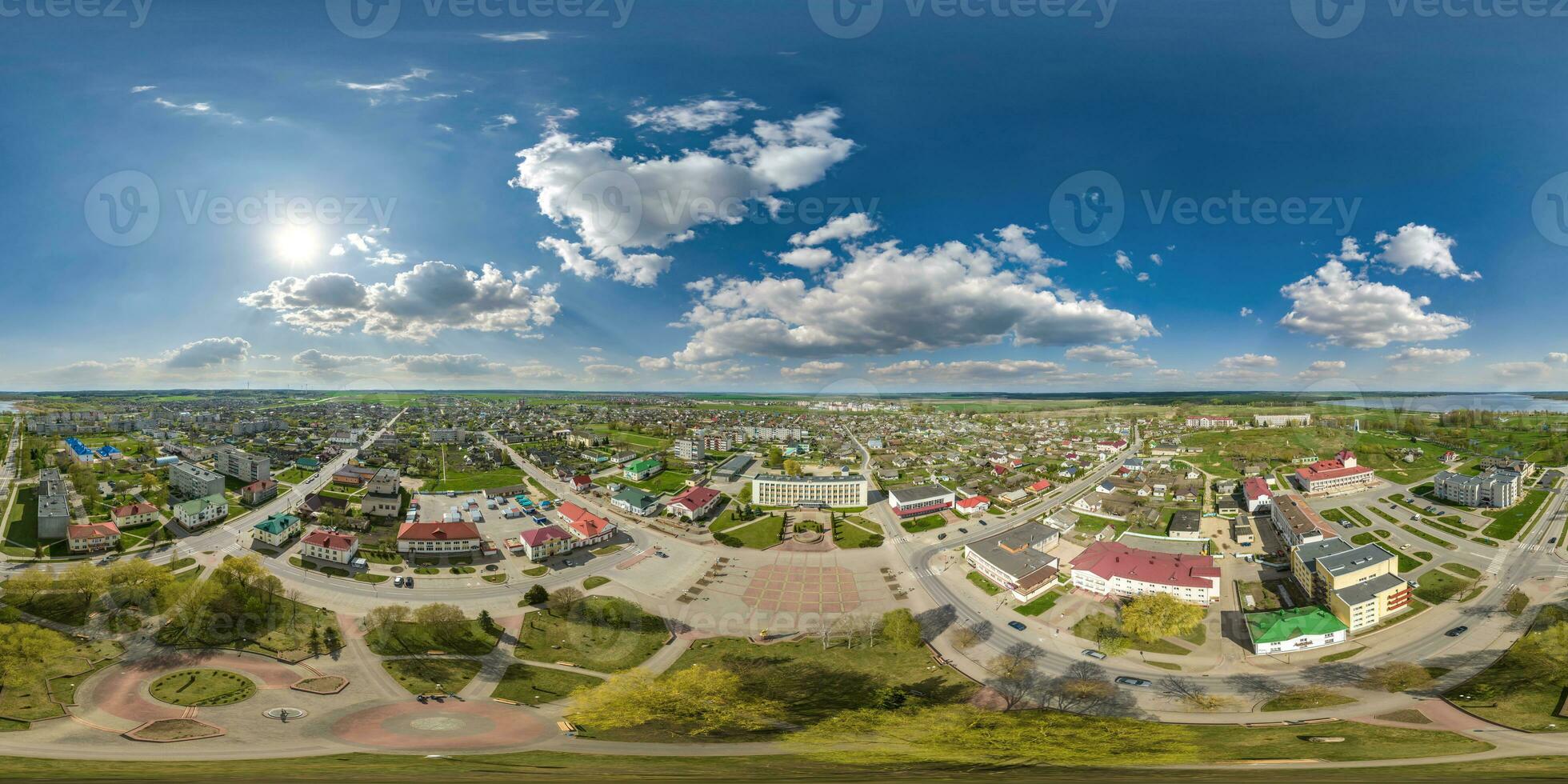 aerial hdri 360 panorama view from great height on buildings, churches and center square of provincial city in equirectangular  seamless spherical  projection. may use as sky replacement for drone photo