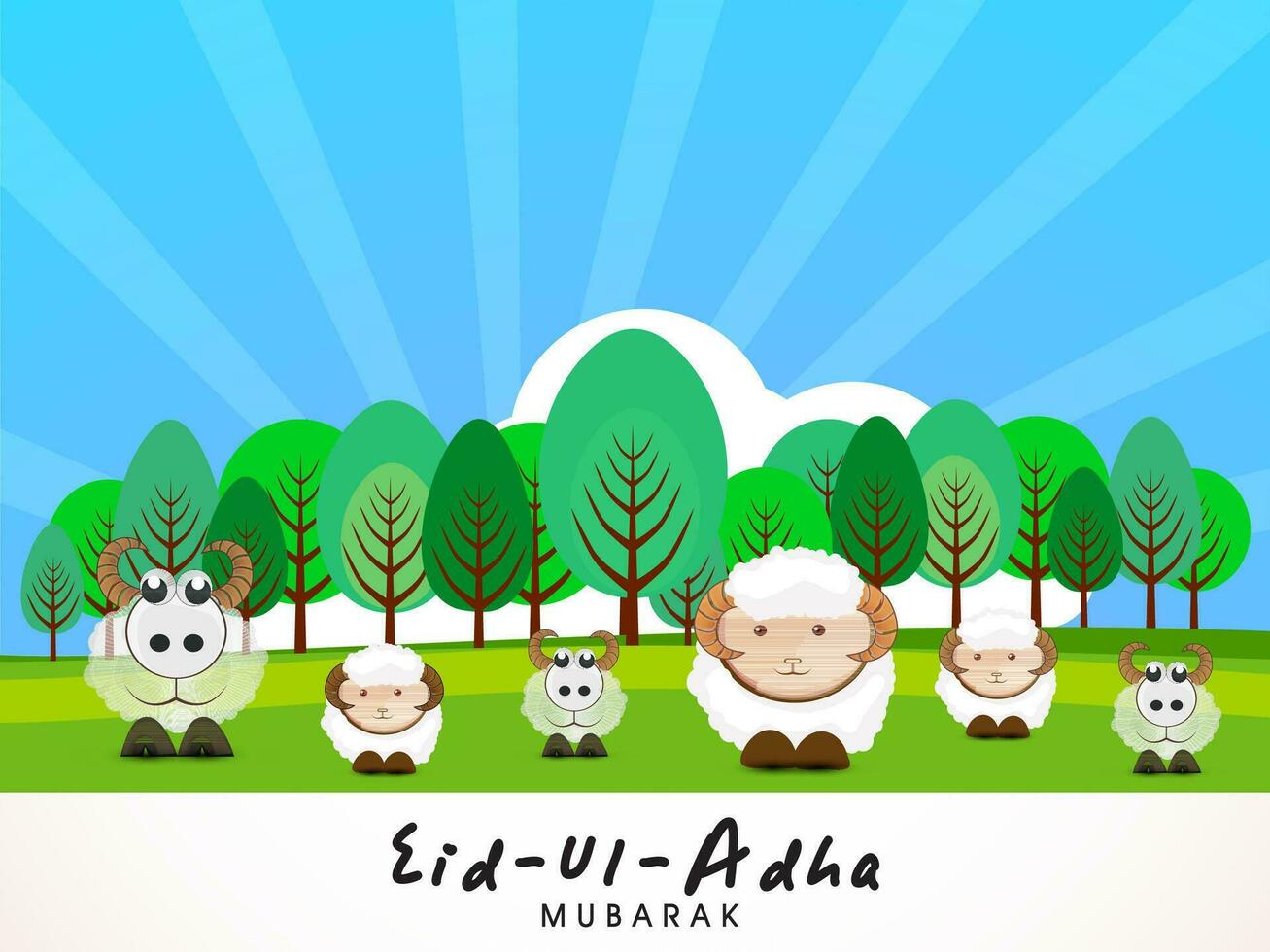 eid-ul-adha Mubarak saludo tarjeta con grupo de dibujos animados oveja en pie en naturaleza ver y azul rayos antecedentes. vector