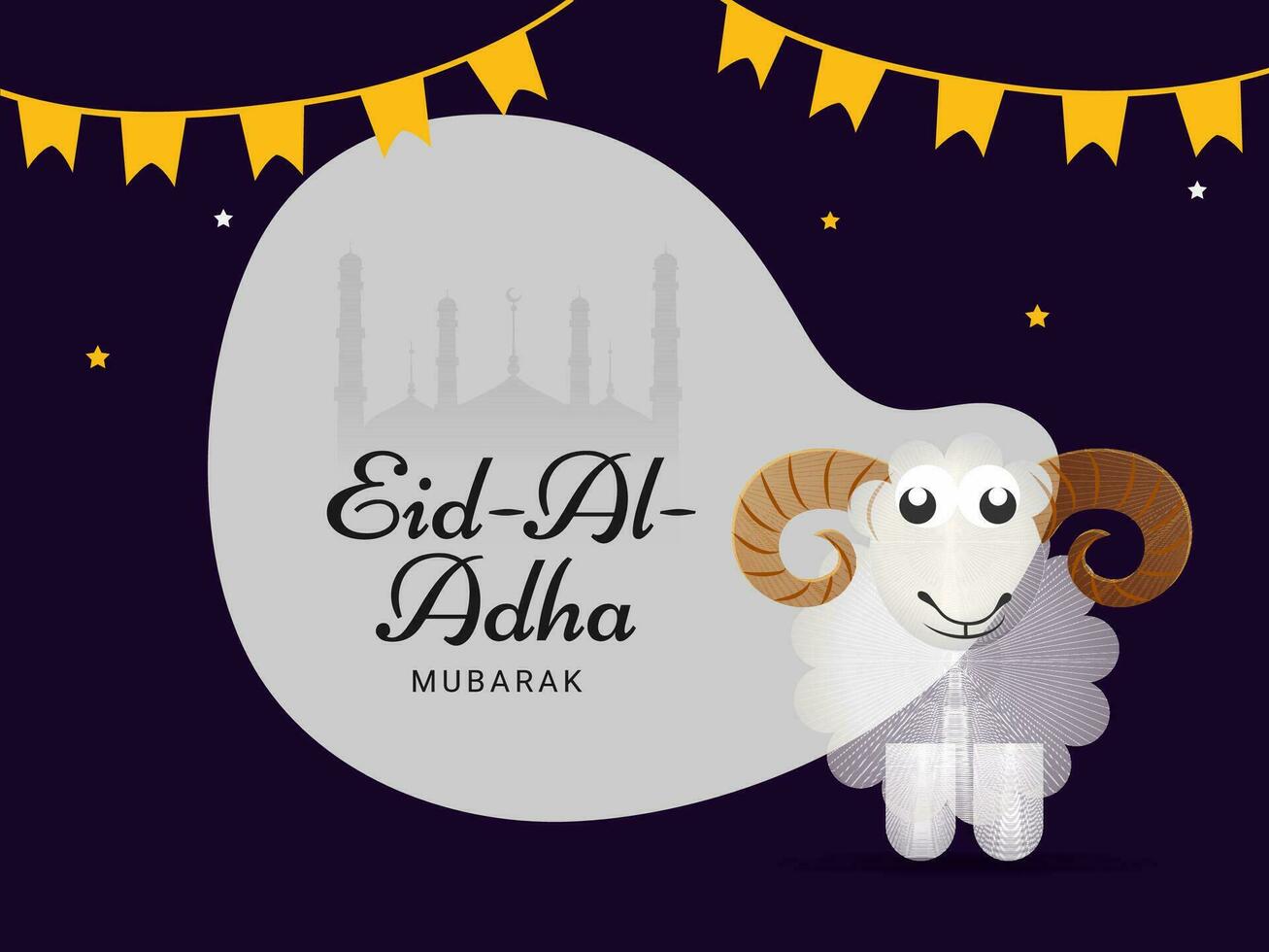 Eid al-Adha Mubarak concepto con papel dibujos animados oveja y verderón banderas decorado en silueta mezquita resumen púrpura antecedentes. vector