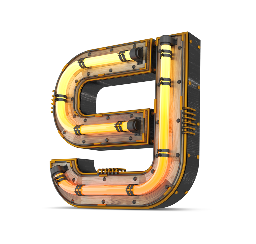 3D wooden number with neon light effect, 3d rendering png
