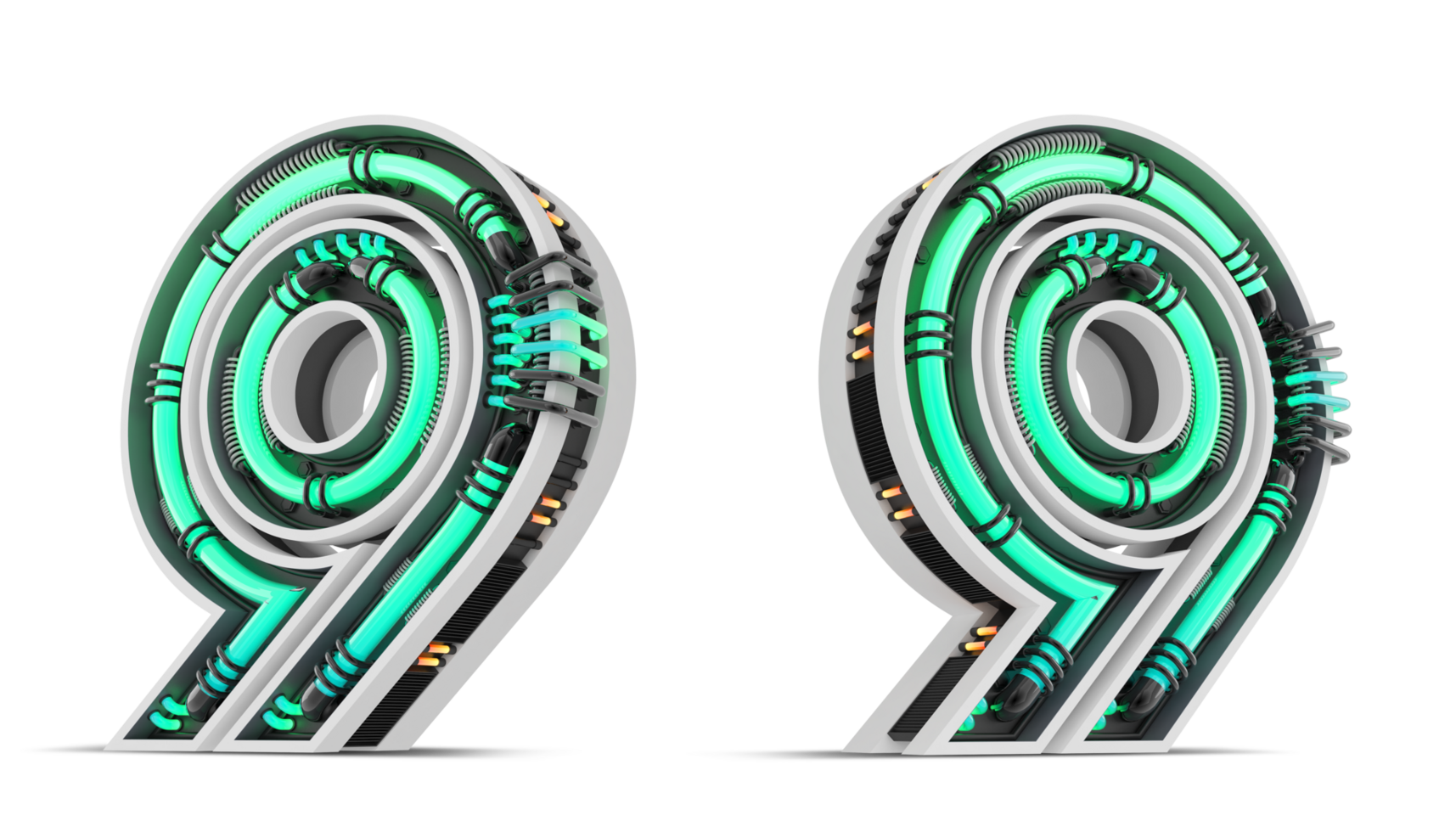 3D Number with green neon light effect, 3d rendering png