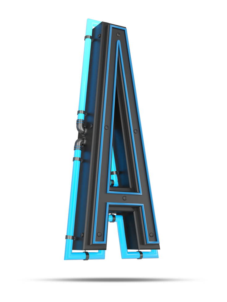 3D Alphabet with blue neon light effect, 3d rendering png