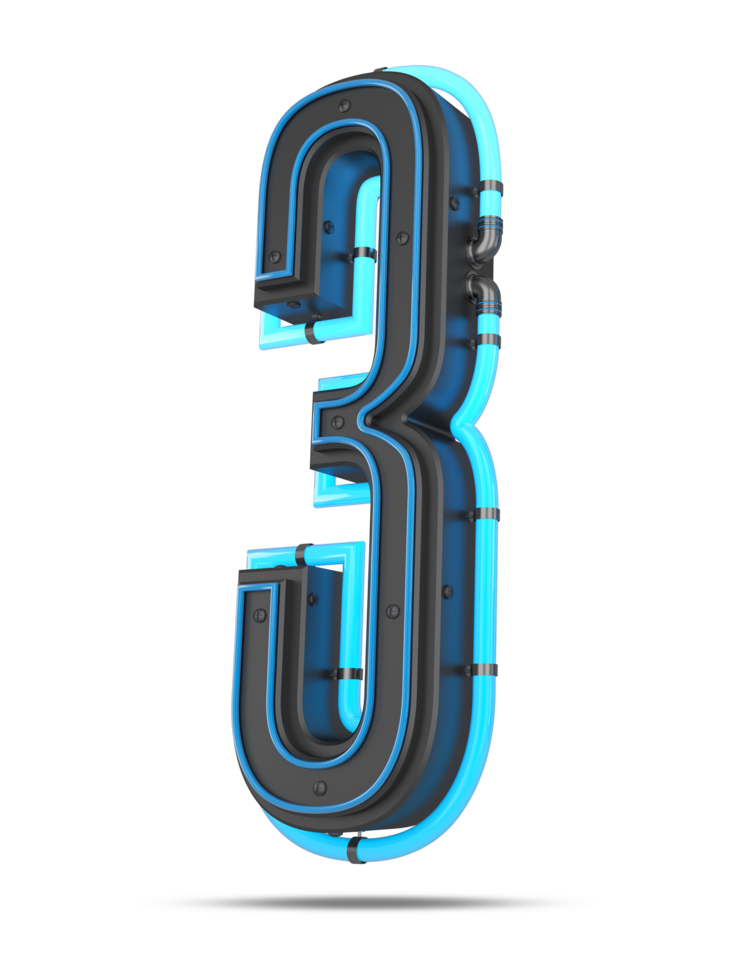 3D Number with blue neon light effect, 3d rendering png