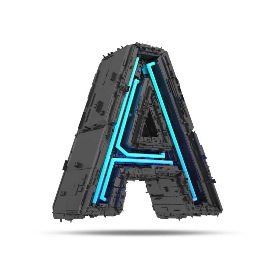 3d spaceship alphabet with neon light effect, 3d rendering png