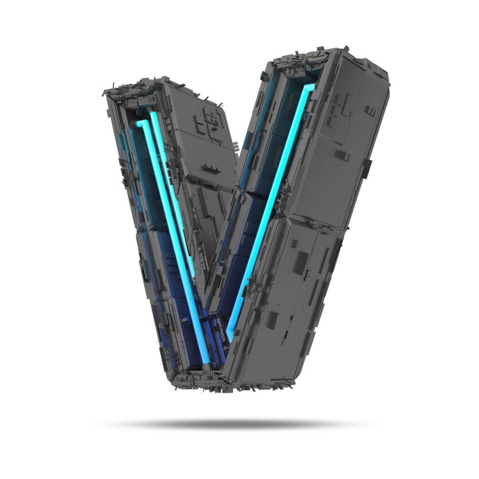 3d spaceship alphabet with neon light effect, 3d rendering png