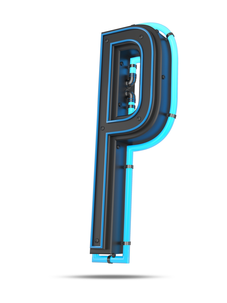 3D Alphabet with blue neon light effect, 3d rendering png