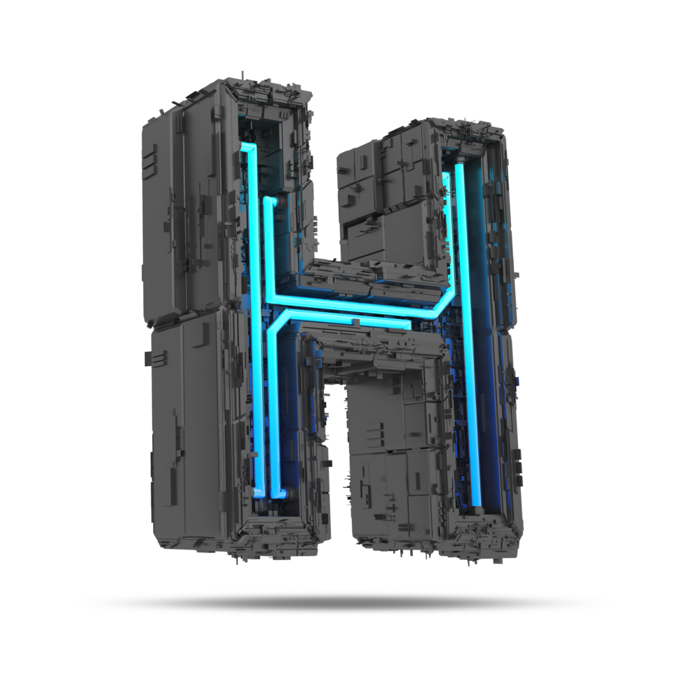 3d spaceship alphabet with neon light effect, 3d rendering png