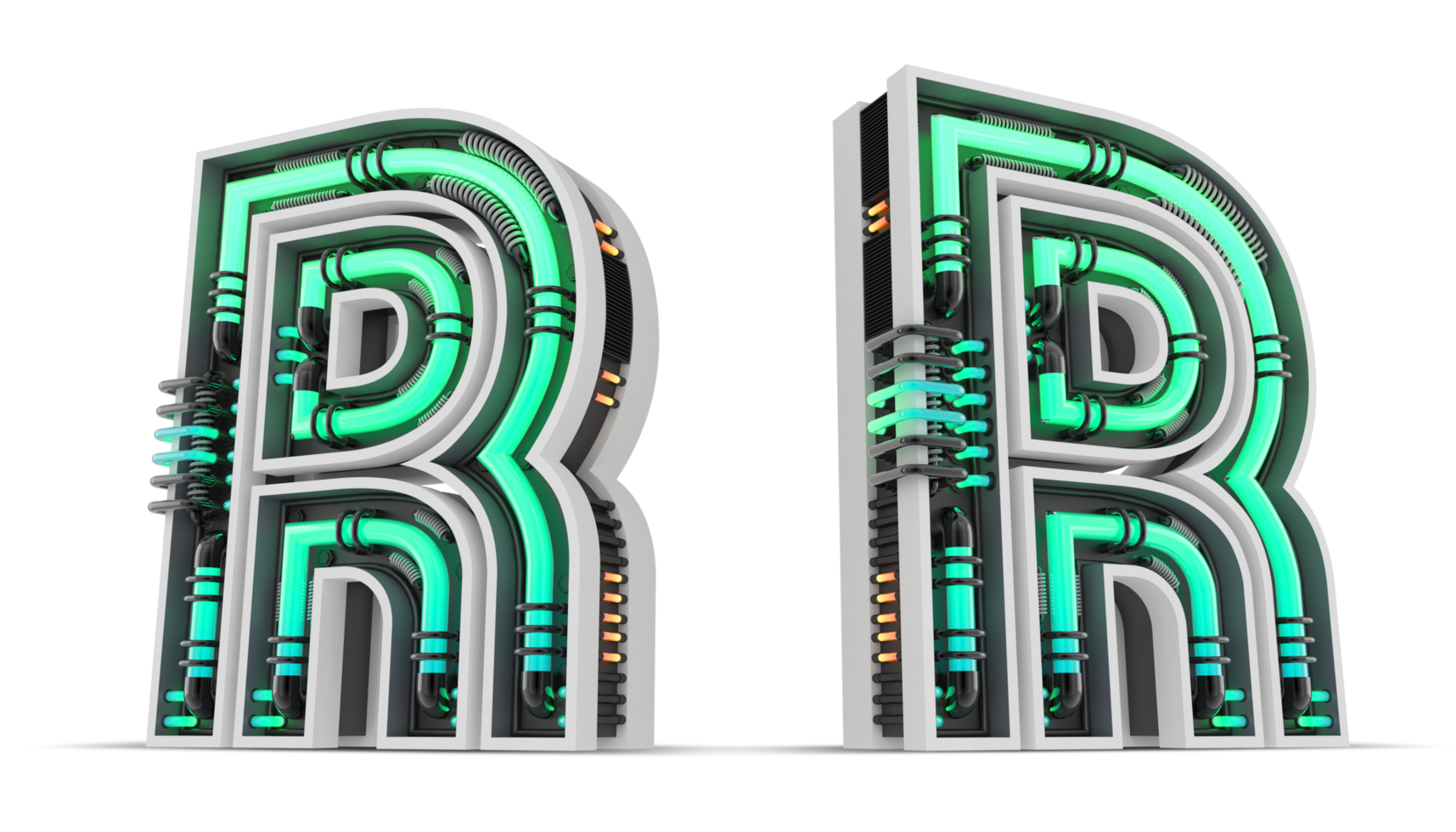 3D Alphabet with green neon light effect, 3d rendering png