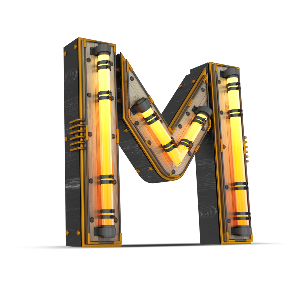 3D wooden alphabet with neon light effect, 3d rendering png