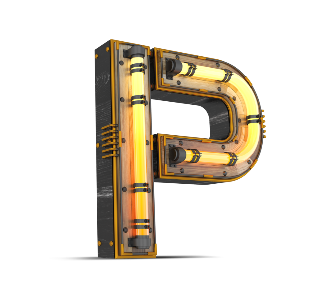 3D wooden alphabet with neon light effect, 3d rendering png
