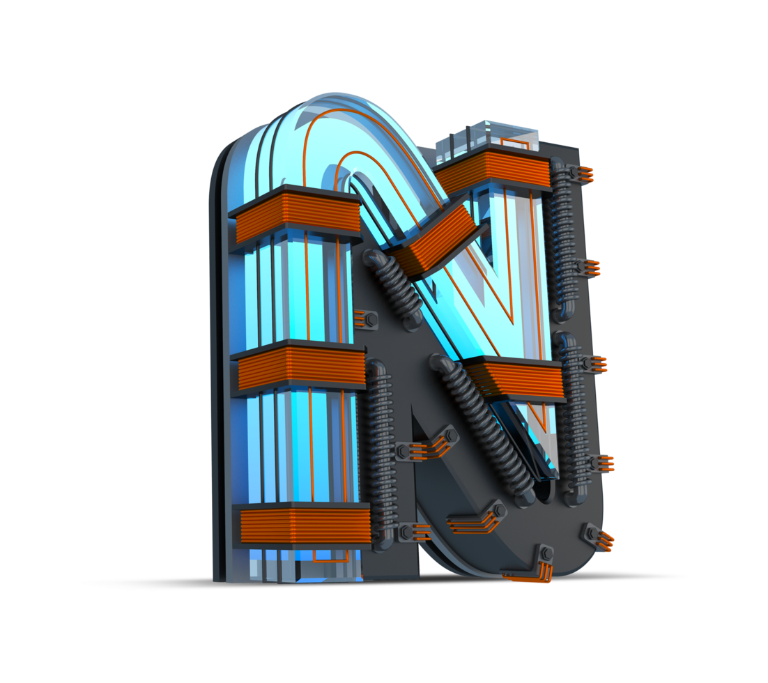 3D Alphabet blue neon light with Copper wire, 3d rendering png