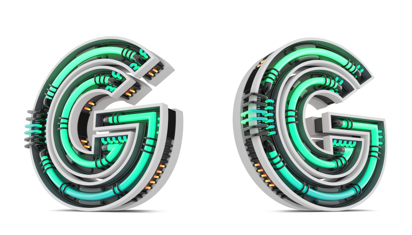 3D Alphabet with green neon light effect, 3d rendering png