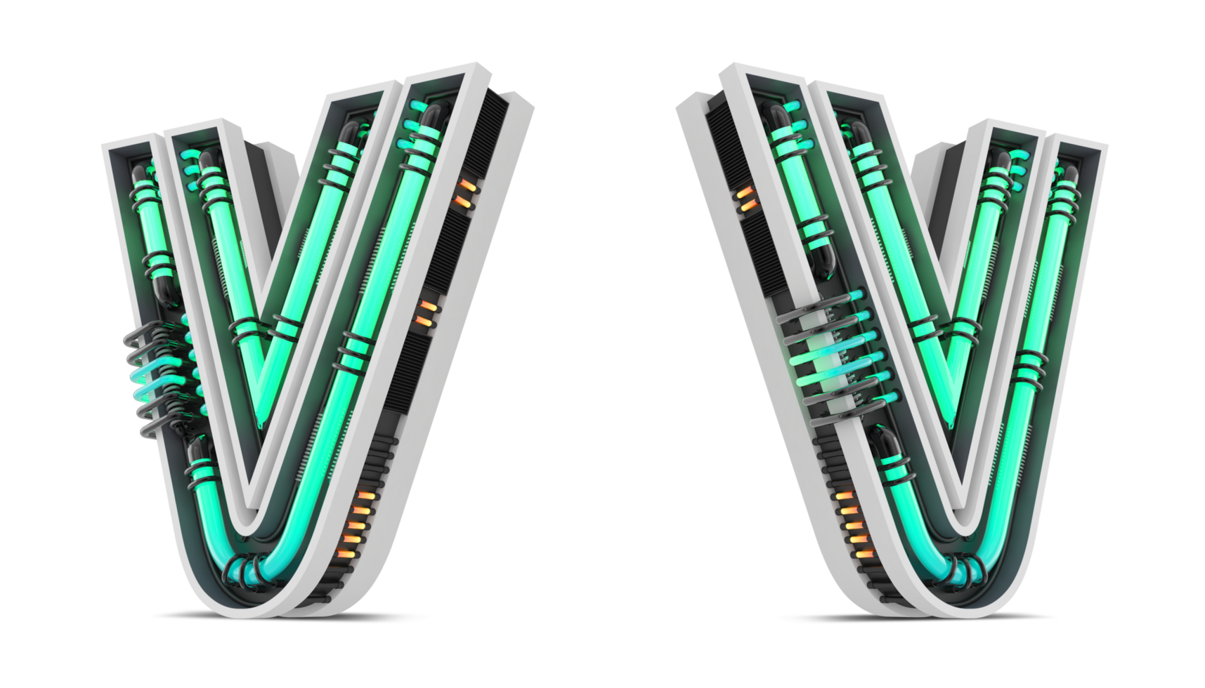 3D Alphabet with green neon light effect, 3d rendering png