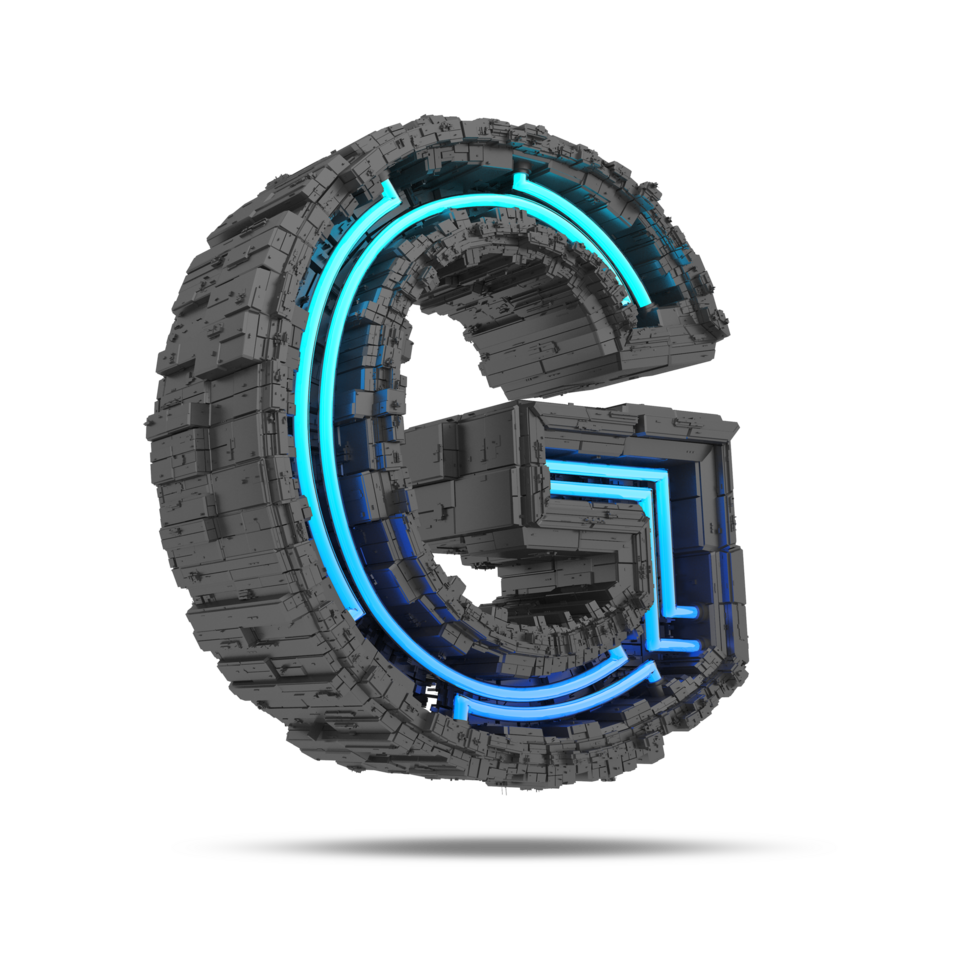 3d spaceship alphabet with neon light effect, 3d rendering png