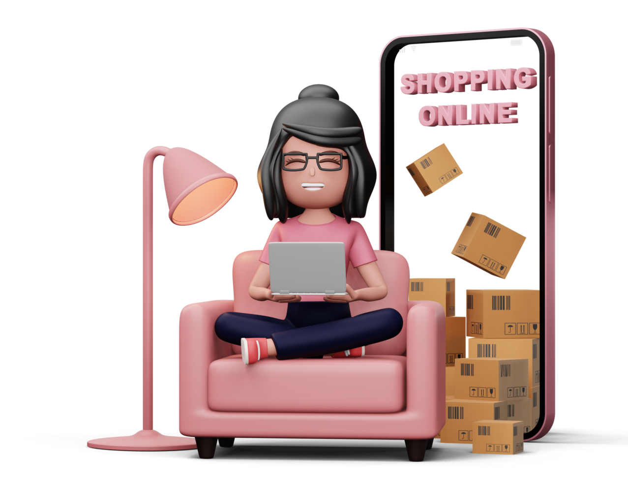 Women are happy by making money from small businesses, Online Shopping, 3d rendering png
