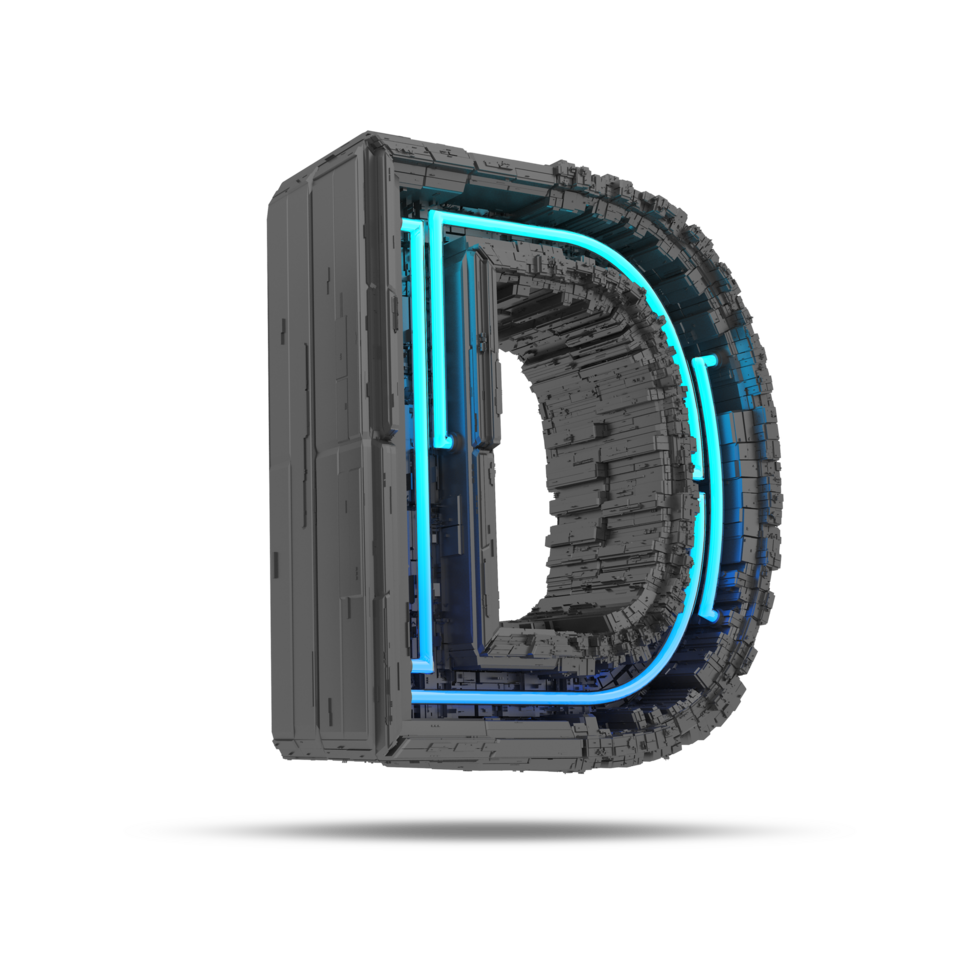3d spaceship alphabet with neon light effect, 3d rendering png
