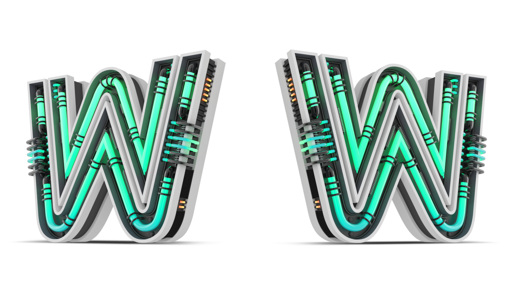 3D Alphabet with green neon light effect, 3d rendering png