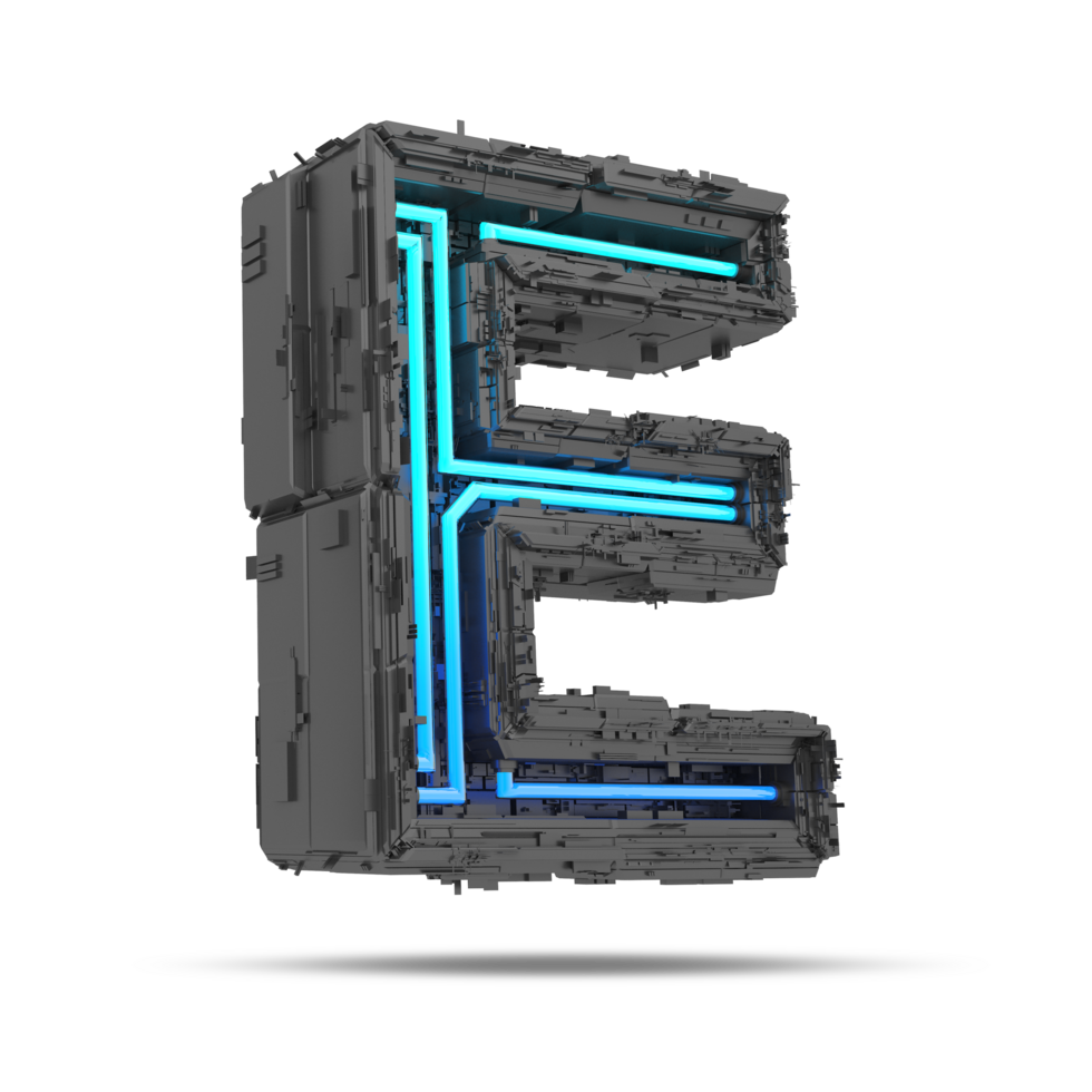 3d spaceship alphabet with neon light effect, 3d rendering png