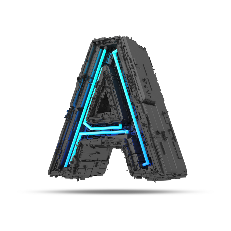 3d spaceship alphabet with neon light effect, 3d rendering png
