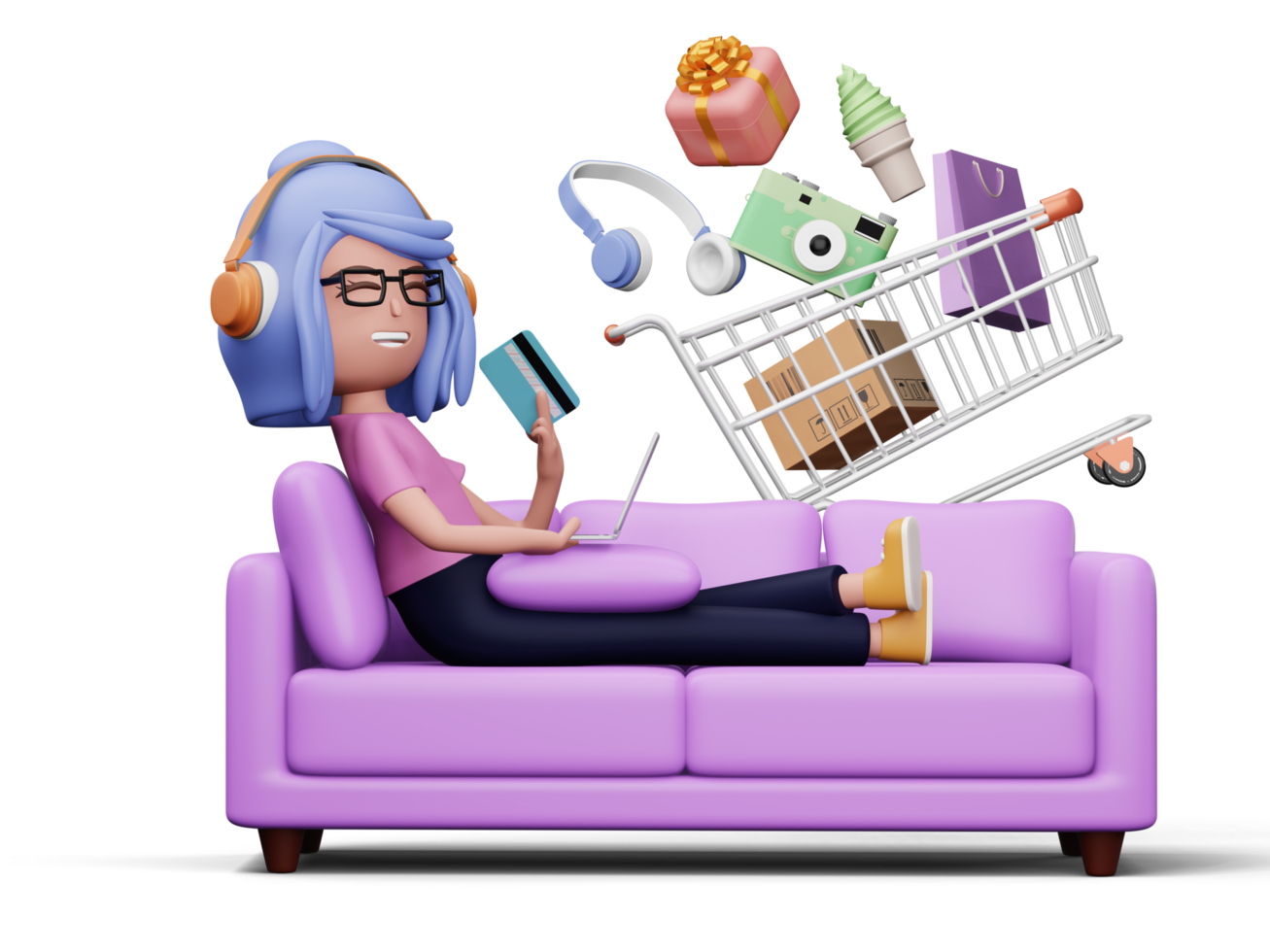 Women are happy by making money from small businesses, Online Shopping, 3d rendering png