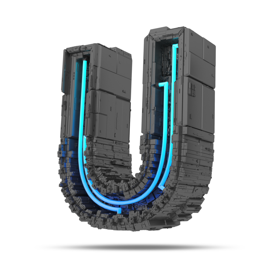 3d spaceship alphabet with neon light effect, 3d rendering png