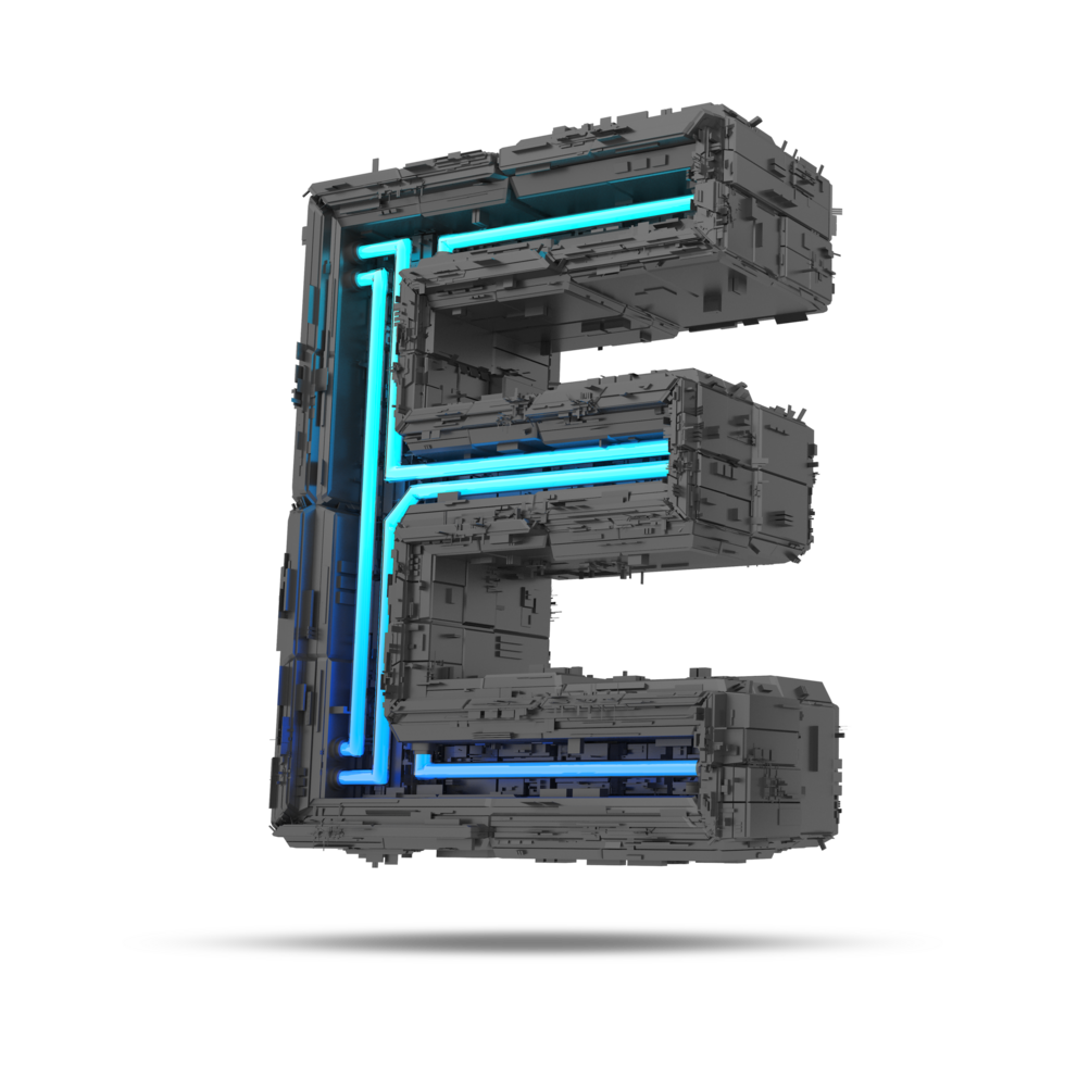 3d spaceship alphabet with neon light effect, 3d rendering png