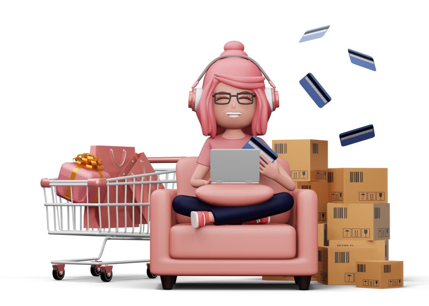 Frauen sind glücklich durch Herstellung Geld von klein Unternehmen, online Einkaufen, 3d Rendern png