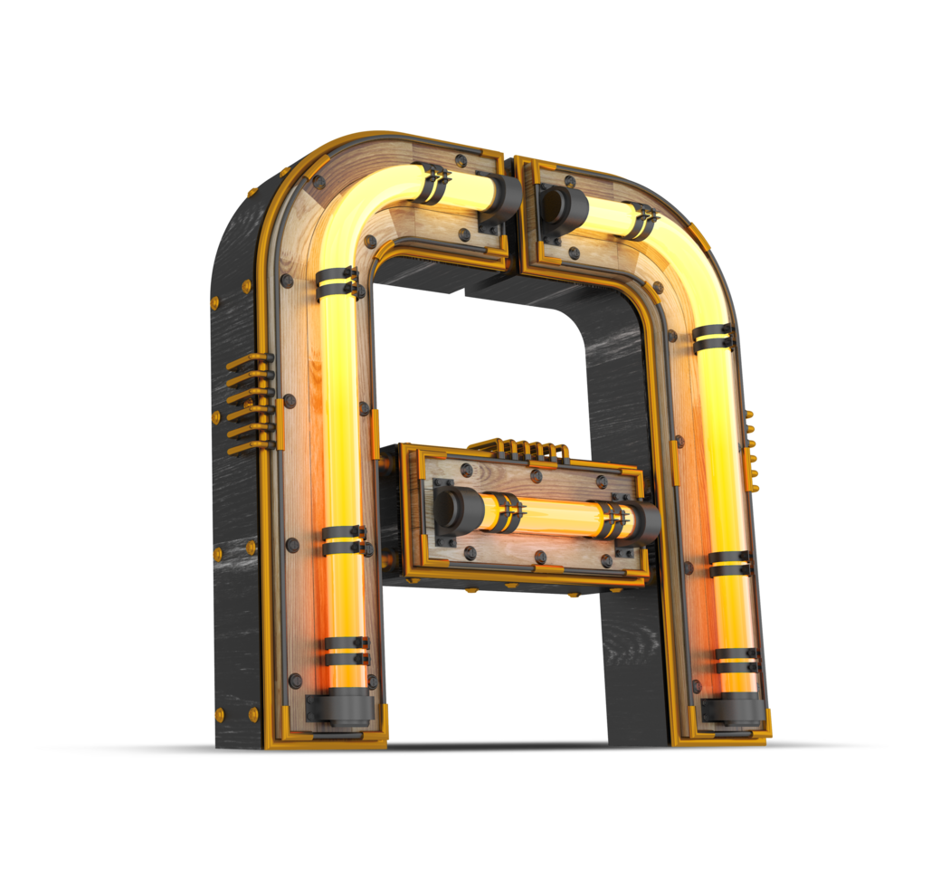 3D wooden alphabet with neon light effect, 3d rendering png