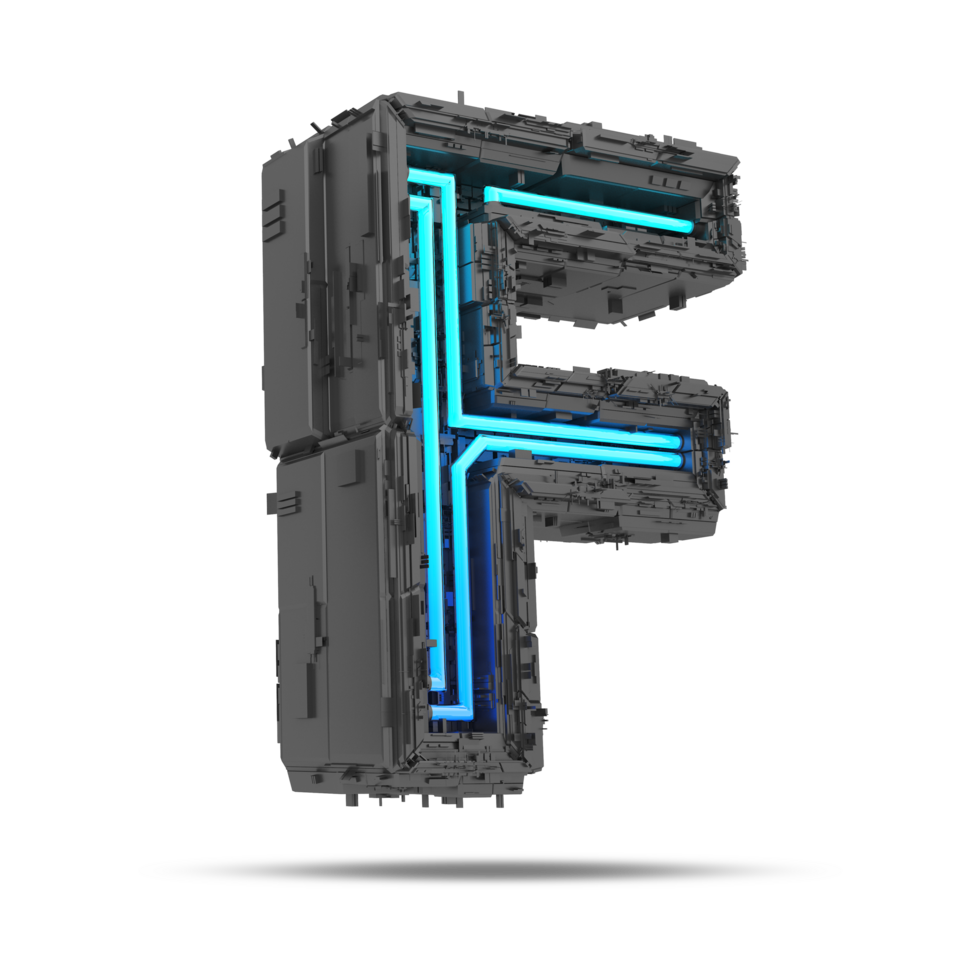 3d spaceship alphabet with neon light effect, 3d rendering png