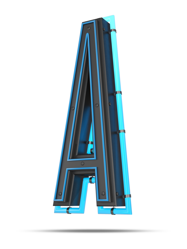 3D Alphabet with blue neon light effect, 3d rendering png