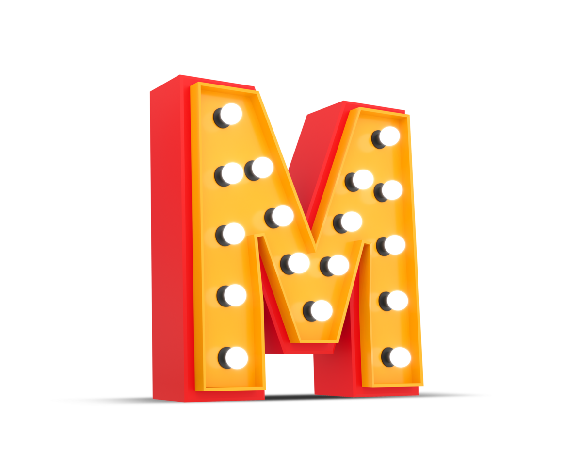 3d alphabet Broadway style with light bulb, 3d rendering png