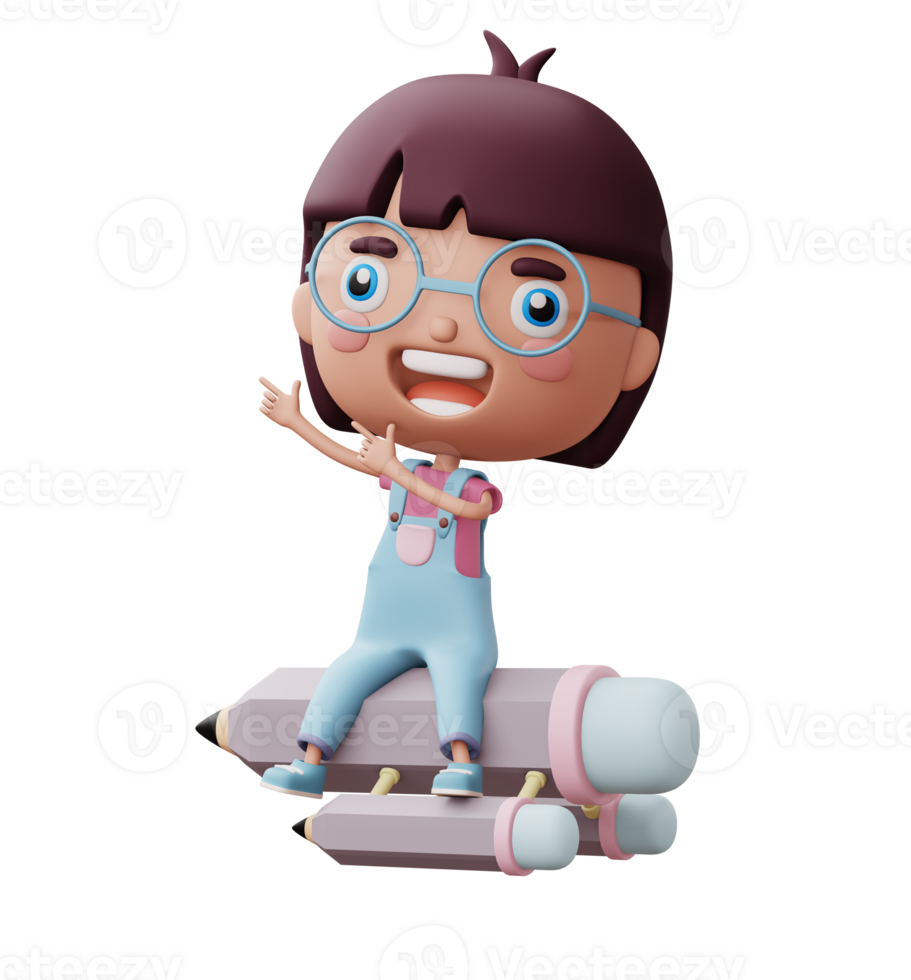 Happy child with pencil, cute girl cartoon character, 3d rendering png
