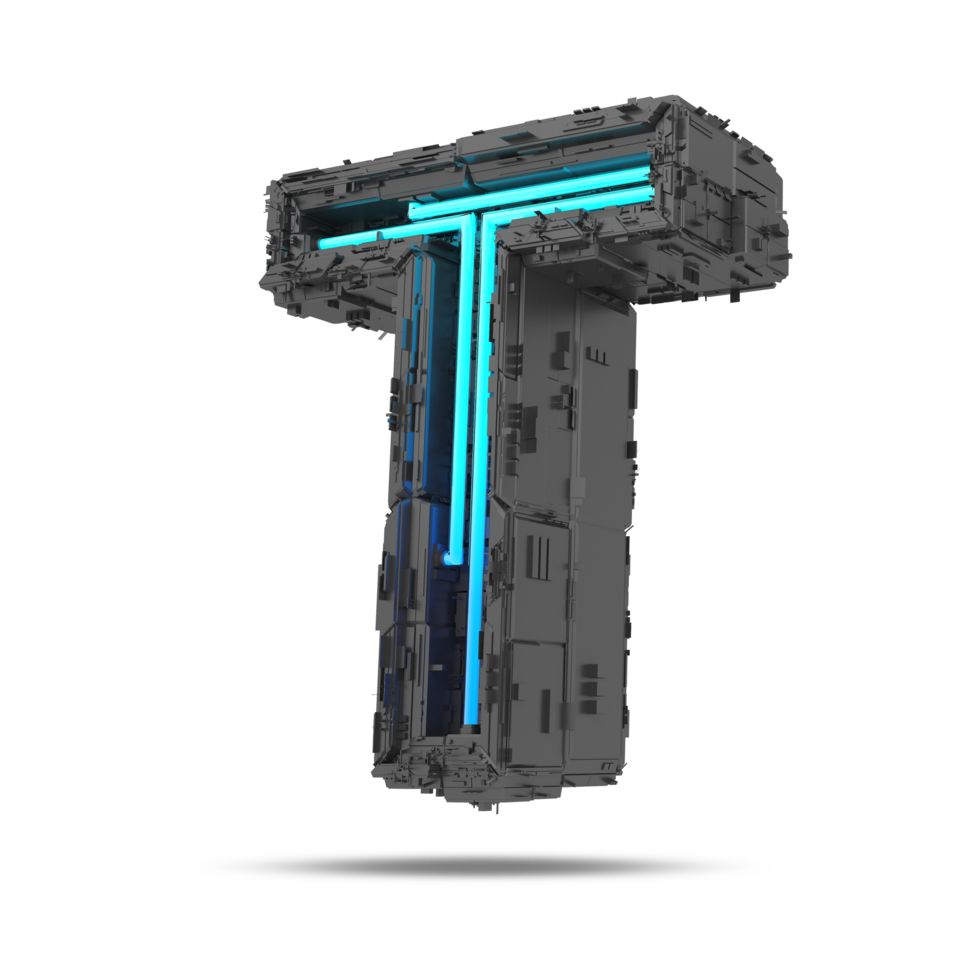 3d spaceship alphabet with neon light effect, 3d rendering png