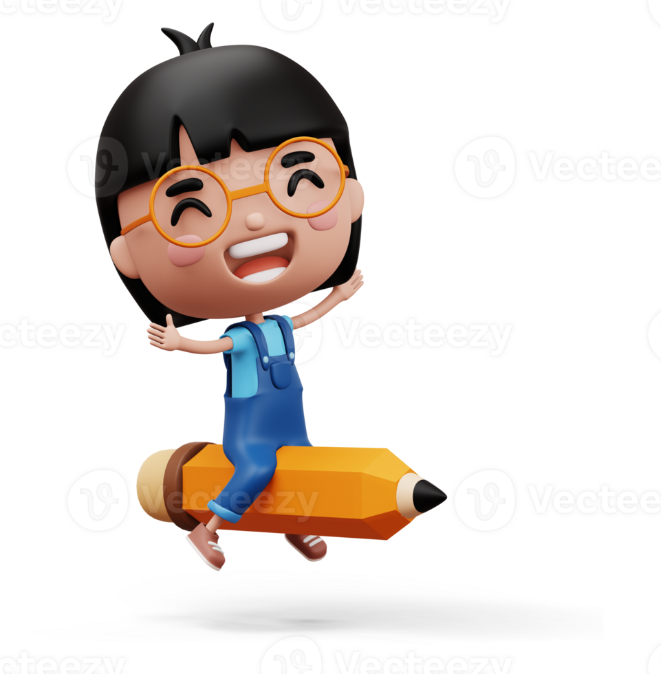 Happy child with pencil, cute girl cartoon character, 3d rendering png
