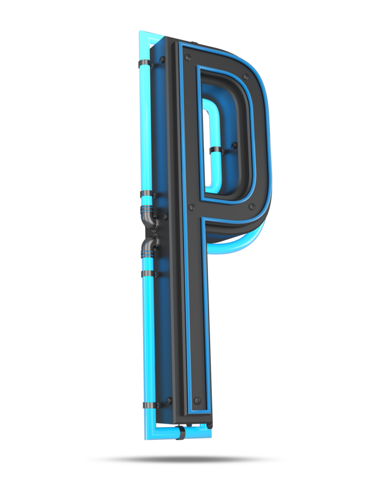 3D Alphabet with blue neon light effect, 3d rendering png