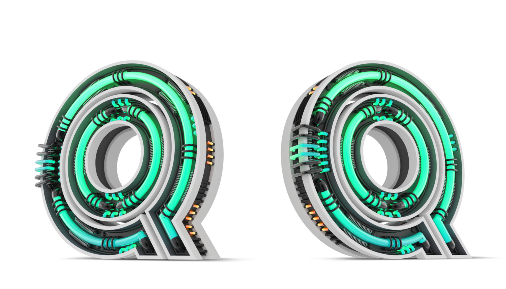 3D Alphabet with green neon light effect, 3d rendering png