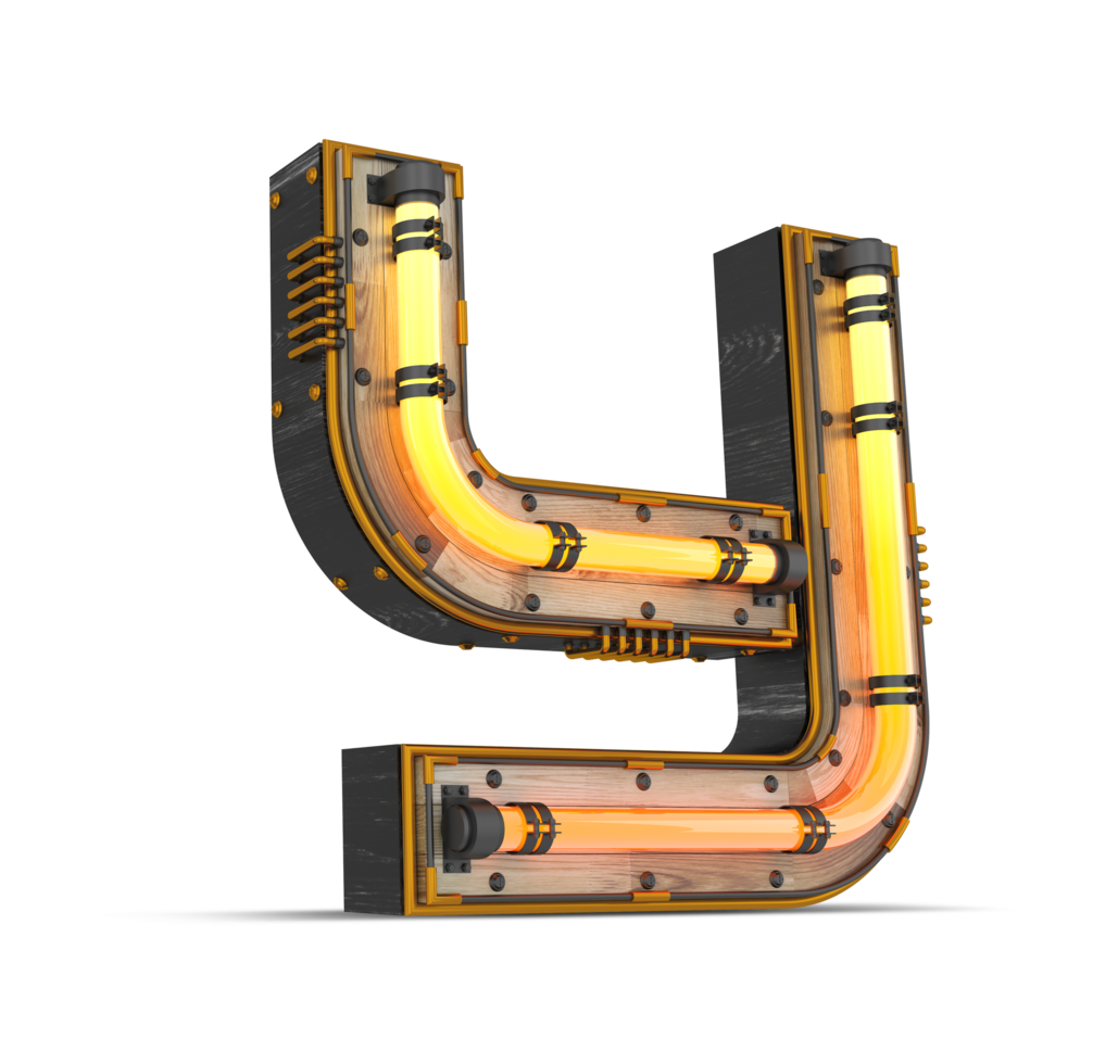 3D wooden alphabet with neon light effect, 3d rendering png