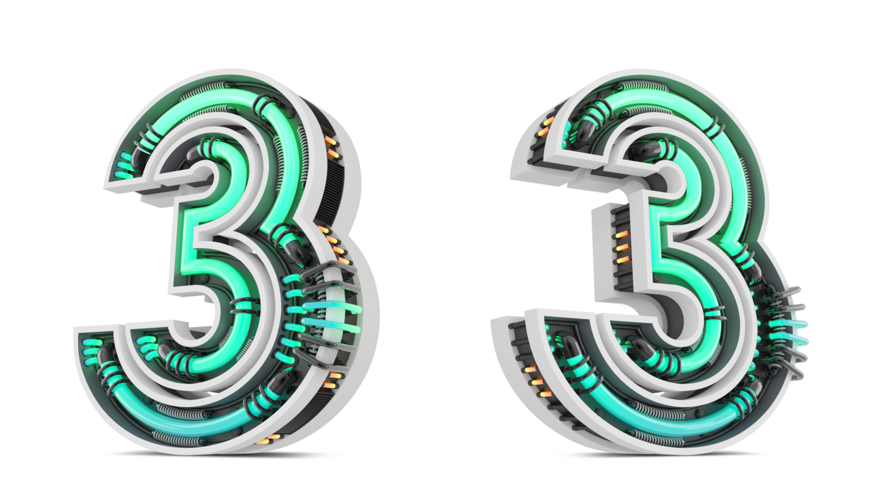 3D Number with green neon light effect, 3d rendering png