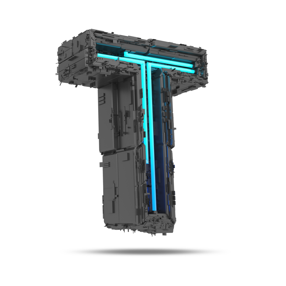 3d spaceship alphabet with neon light effect, 3d rendering png