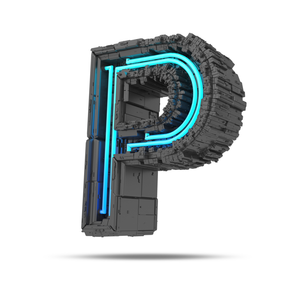 3d spaceship alphabet with neon light effect, 3d rendering png