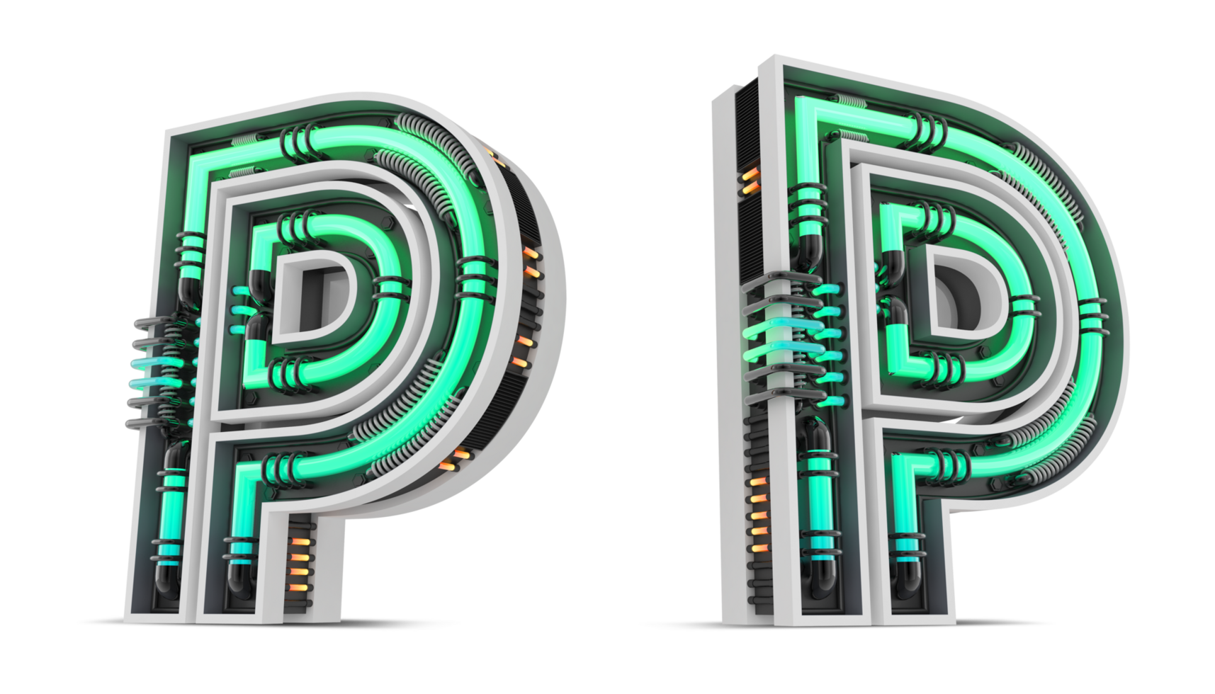 3d alfabet met groen neon licht effect, 3d renderen png