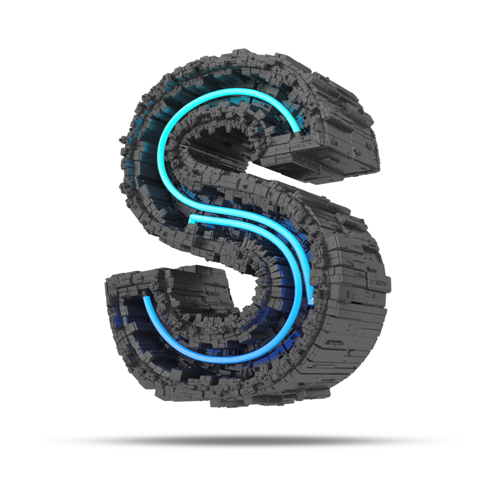 3d spaceship alphabet with neon light effect, 3d rendering png
