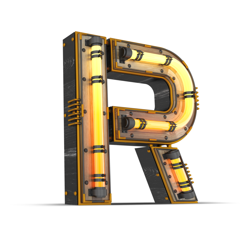 3D wooden alphabet with neon light effect, 3d rendering png