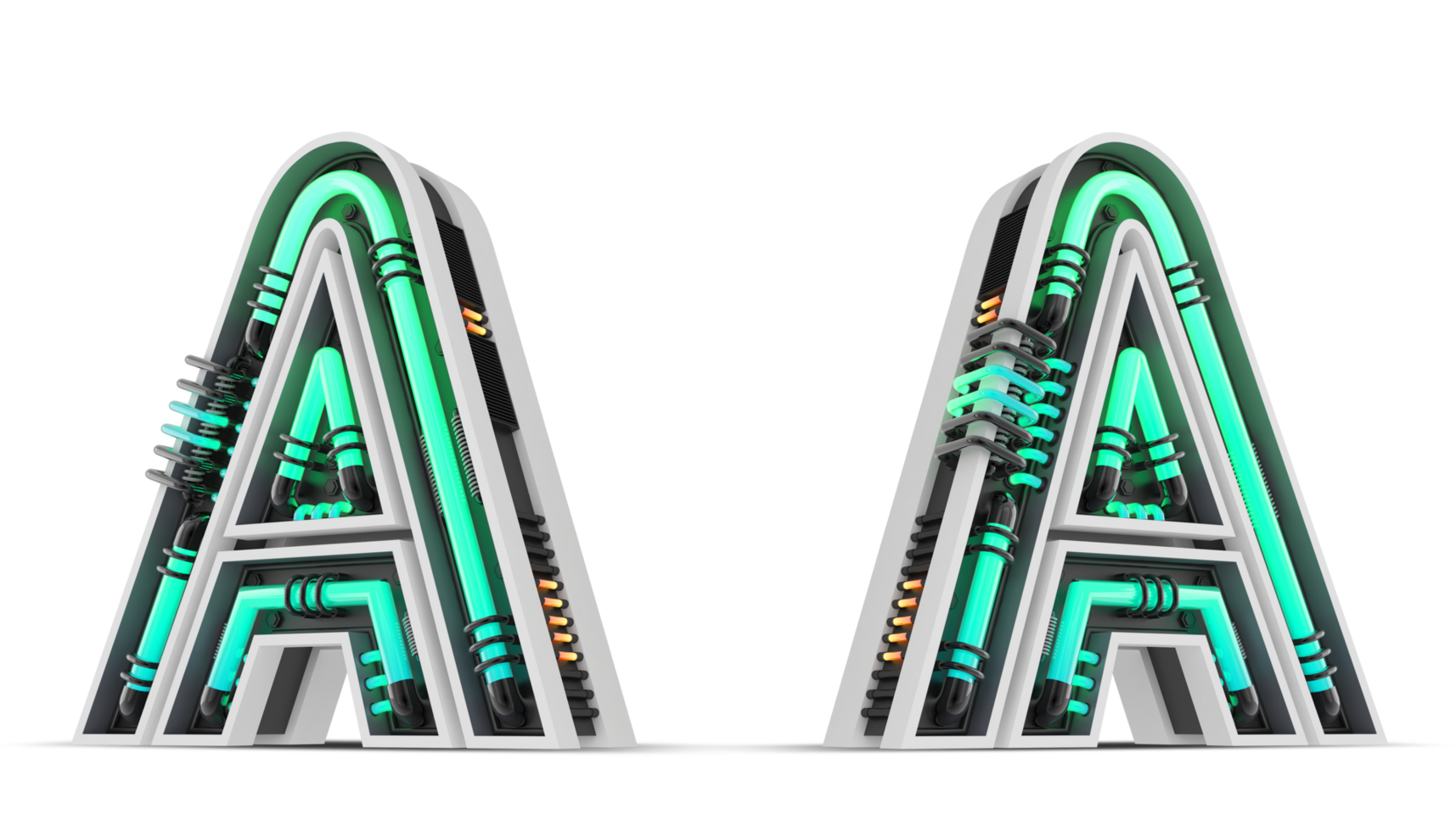 3D Alphabet with green neon light effect, 3d rendering png