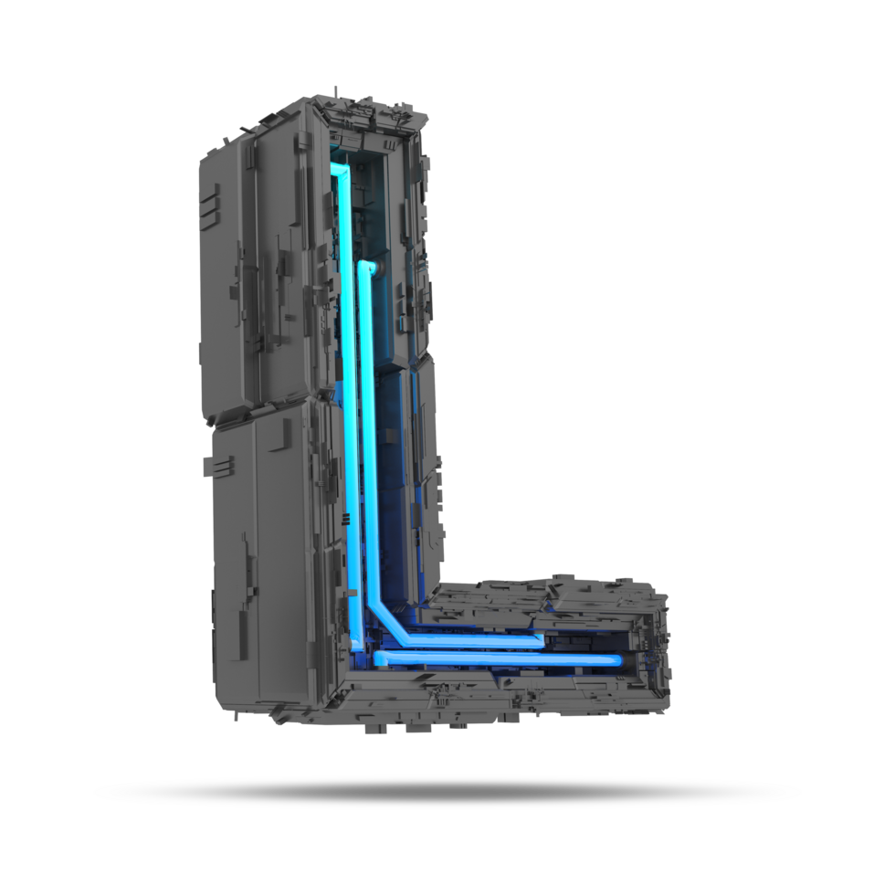 3d spaceship alphabet with neon light effect, 3d rendering png