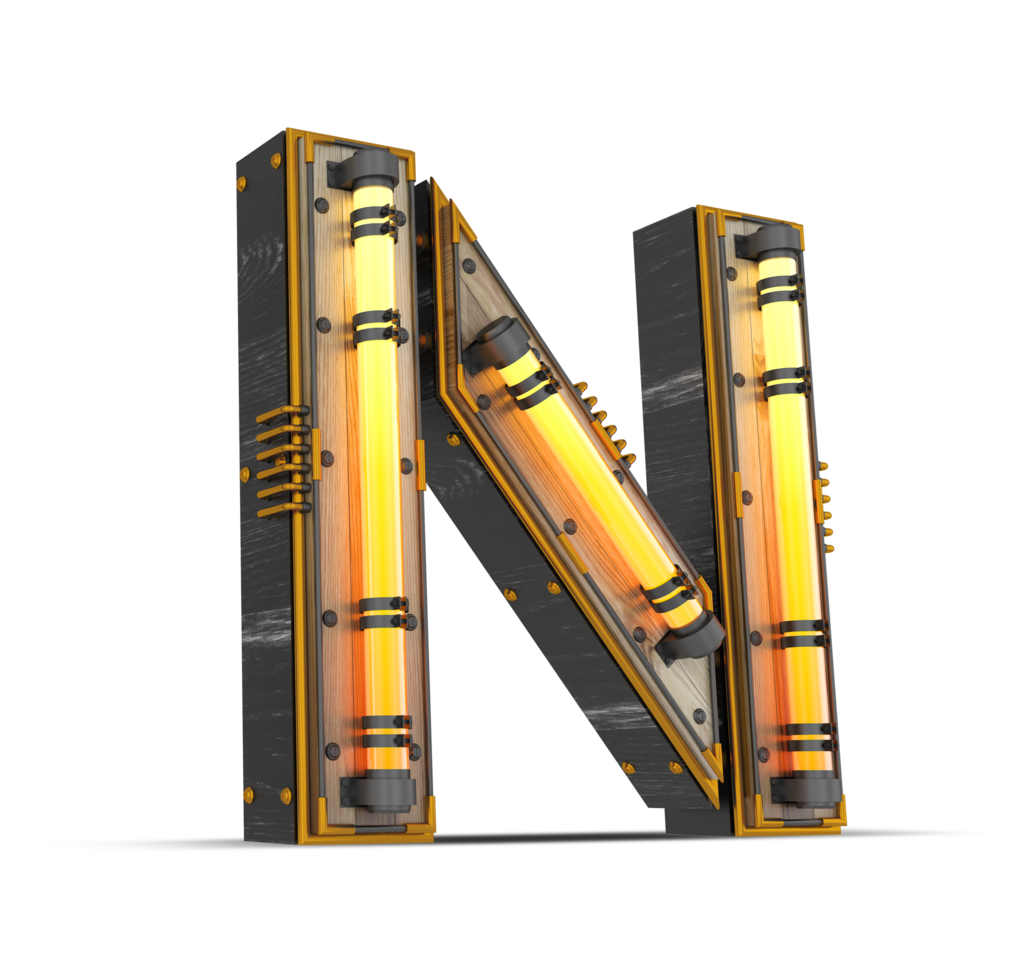 3D wooden alphabet with neon light effect, 3d rendering png