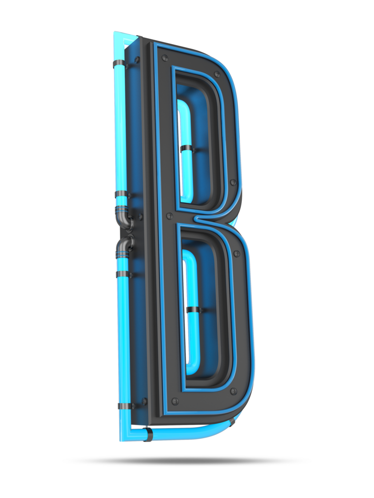 3D Alphabet with blue neon light effect, 3d rendering png