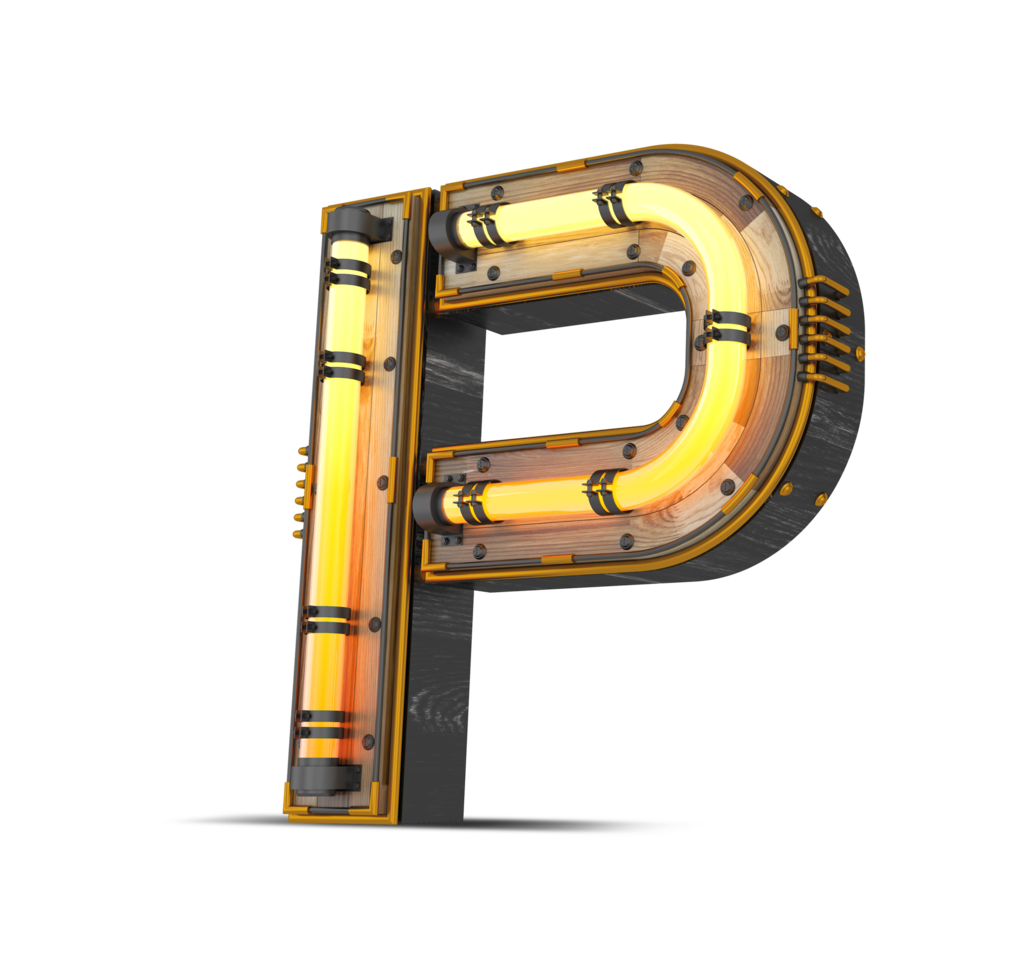 3D wooden alphabet with neon light effect, 3d rendering png
