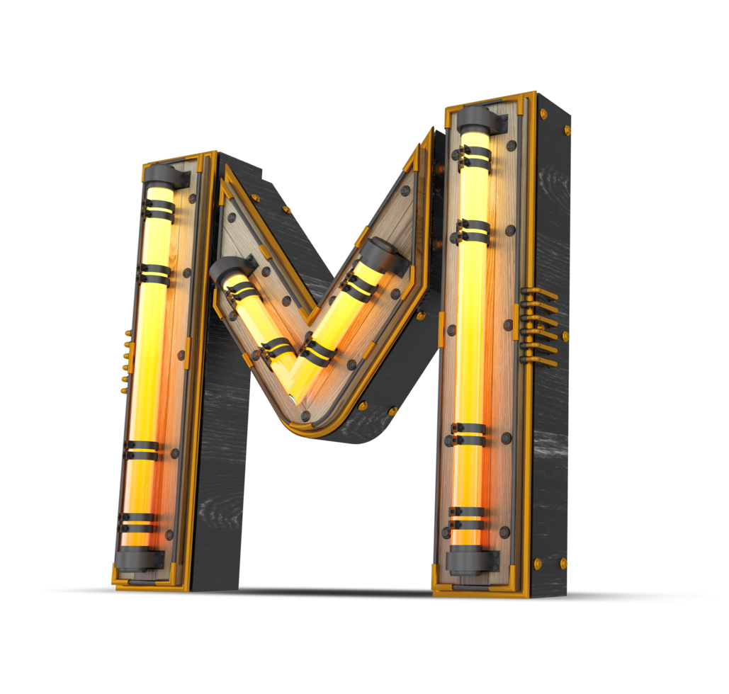 3D wooden alphabet with neon light effect, 3d rendering png