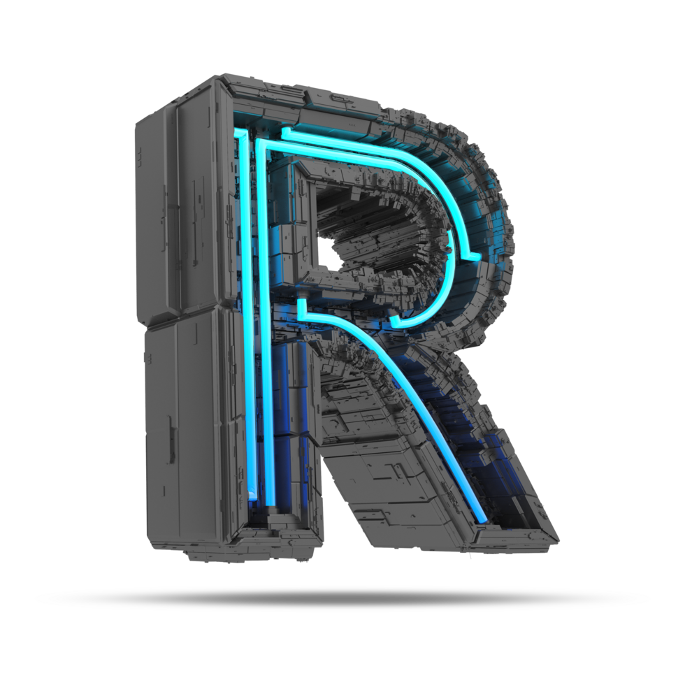 3d spaceship alphabet with neon light effect, 3d rendering png